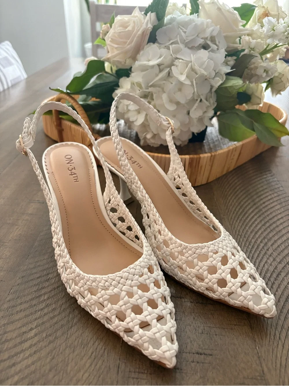 White Woven Slingback Pointed-Toe Heels